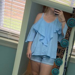 Blue cold shoulder blouse